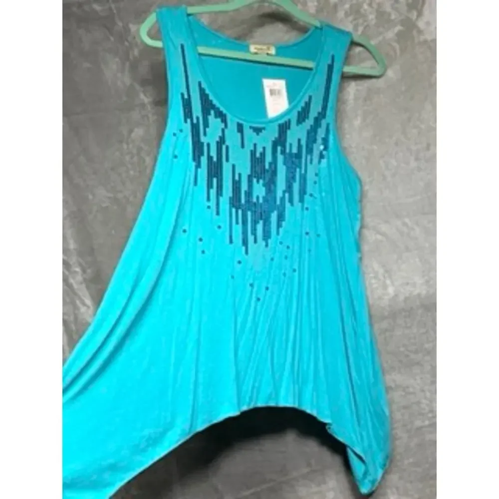 New World Turquoise Blue Sequin Sharkbite Tank Top Large NWT
